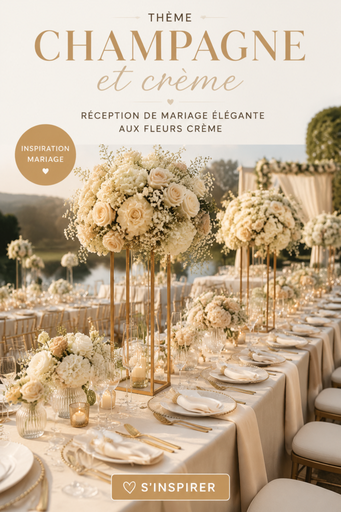 Mariage élégant avec décor champagne et crème, mettant en avant des fleurs et des détails raffinés.