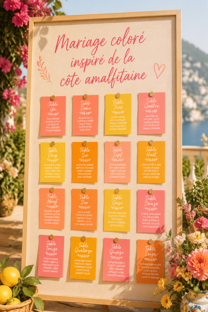 Mariage coloré inspiré de la côte amalfitaine avec des fleurs vives et une décoration élégante