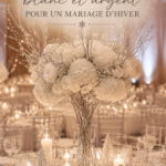 Une belle décoration de mariage d'hiver avec des éléments blancs et argentés, créant une atmosphère élégante.