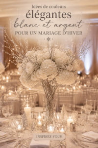 Une belle décoration de mariage d'hiver avec des éléments blancs et argentés, créant une atmosphère élégante.