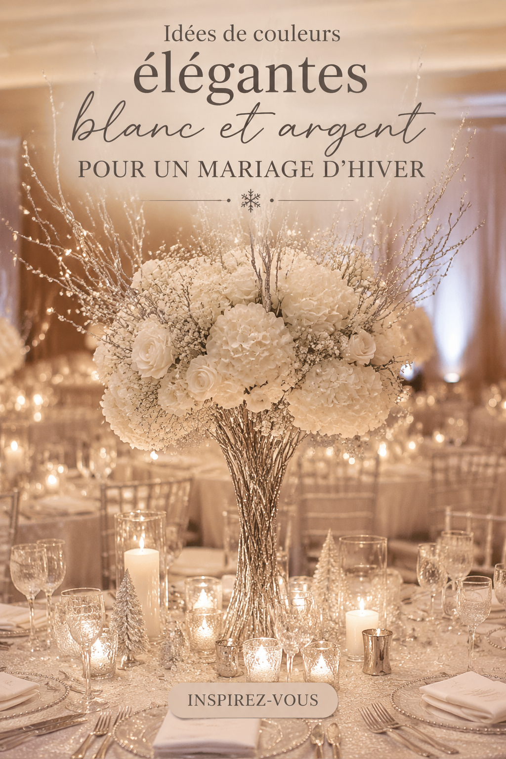 Une belle décoration de mariage d'hiver avec des éléments blancs et argentés, créant une atmosphère élégante.