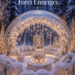 Un mariage d'hiver enchanté dans une forêt enneigée, décoré de lumières et de fleurs blanches.