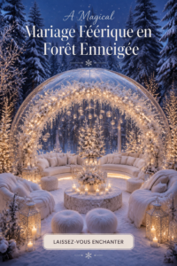 Un mariage d'hiver enchanté dans une forêt enneigée, décoré de lumières et de fleurs blanches.