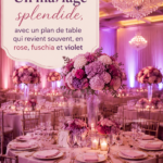 Un plan de table de mariage magnifiquement décoré avec des fleurs roses et violettes.