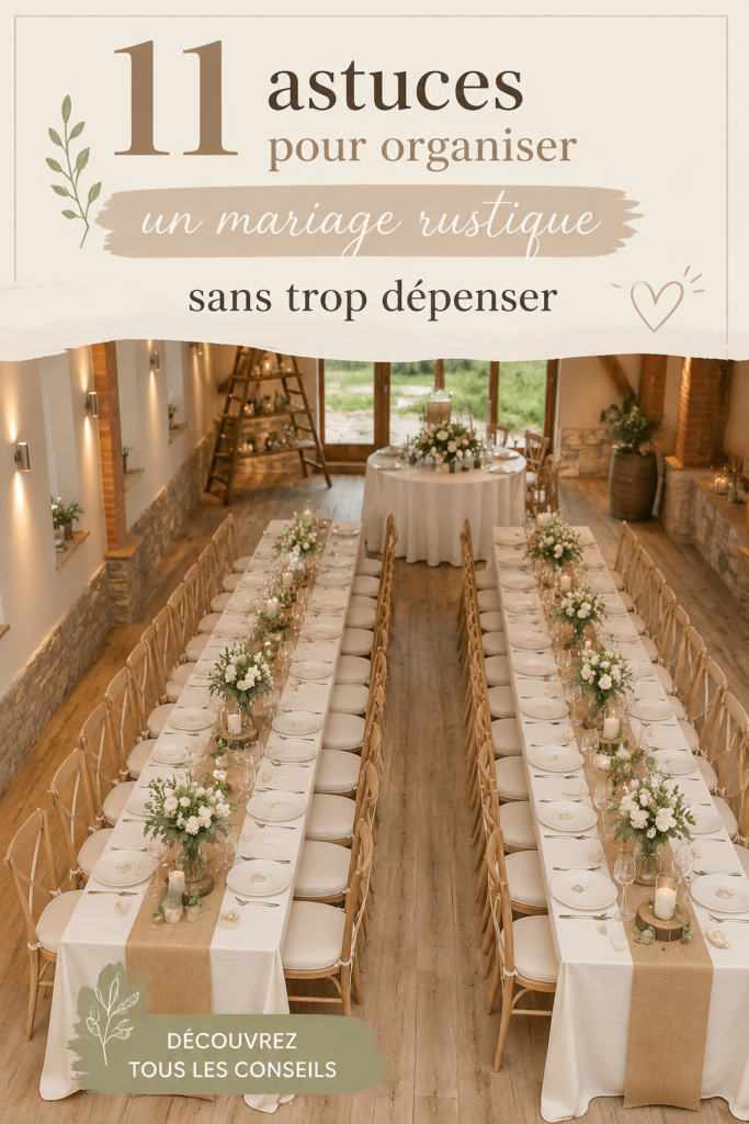 Table élégamment décorée pour un mariage rustique avec des éléments naturels.