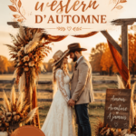 Mariage rustique d'automne sous un ciel bleu, décoré de fleurs multicolores et d'objets vintage.