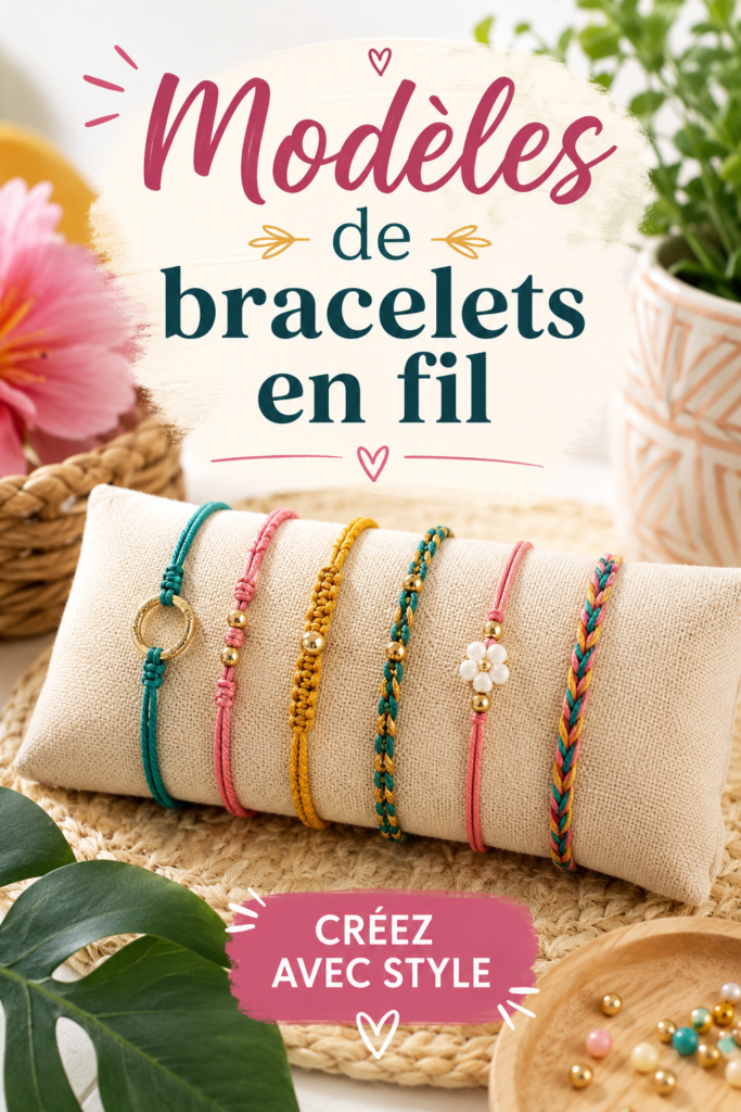 Modèle de bracelet en fil coloré avec des perles, parfait pour un look tendance.