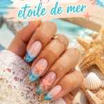 Ongles en étoile de mer avec des motifs marins et des couleurs estivales.