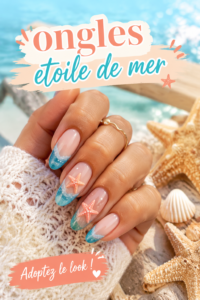 Ongles en étoile de mer avec des motifs marins et des couleurs estivales.