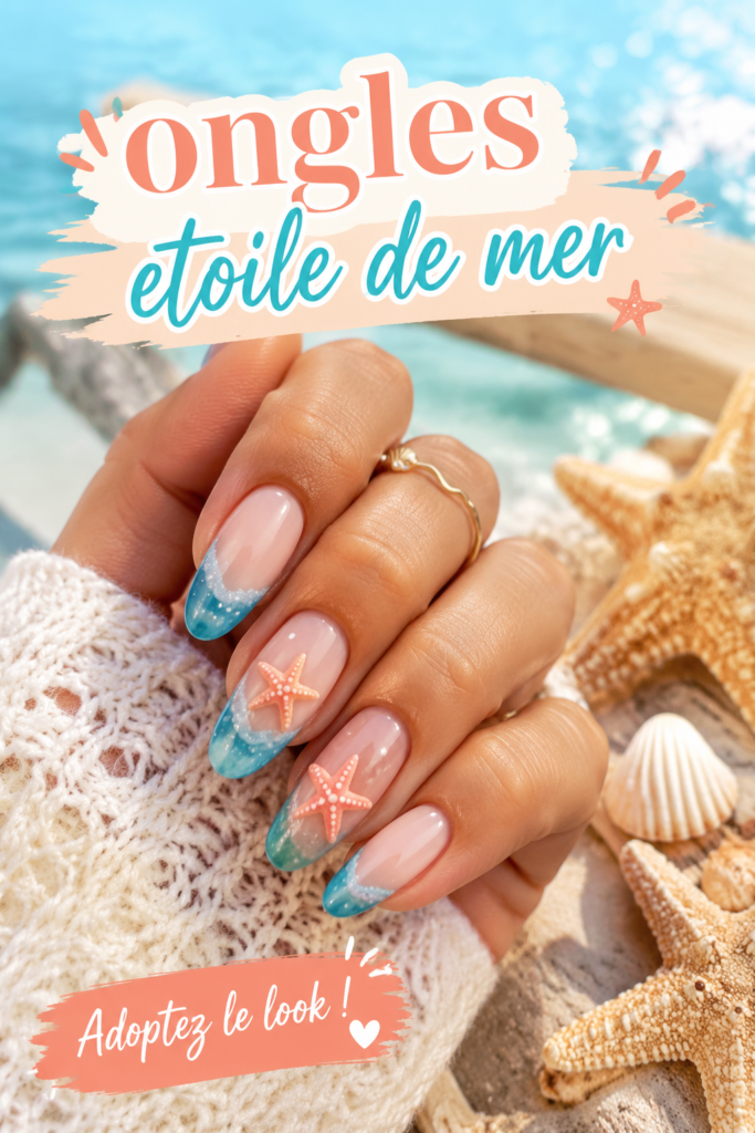 Ongles en étoile de mer avec des motifs marins et des couleurs estivales.