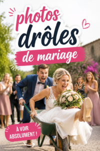 Un mariage joyeux avec des invités riant ensemble, capturé dans une photo drôle.