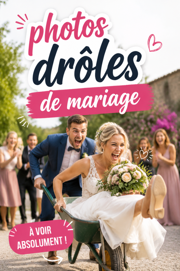 Un mariage joyeux avec des invités riant ensemble, capturé dans une photo drôle.
