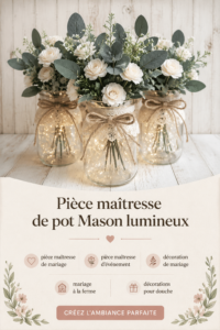 Pièce maîtresse lumineuse en pot Mason pour mariage