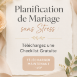 Une mariée heureuse consultant une checklist de mariage.