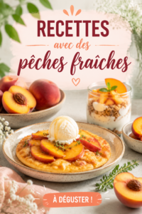 Délicieuses recettes estivales avec des pêches fraîches présentées sur une table en bois.