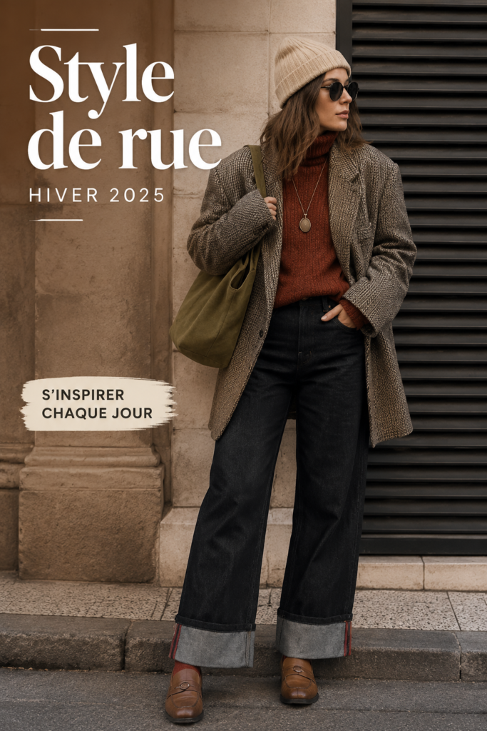 Image d'une femme portant une tenue street style élégante pour l'hiver 2025, mélangeant confort et tendance.