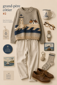 Femme portant un look coastal grandpa avec des pièces vintage