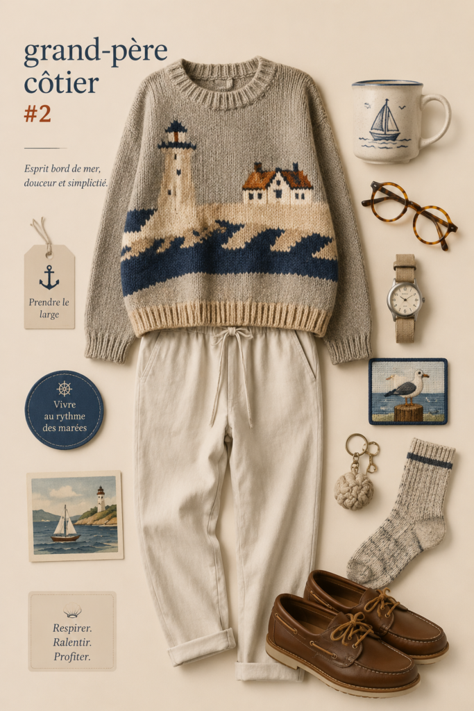 Femme portant un look coastal grandpa avec des pièces vintage