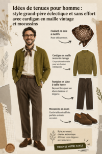 Homme portant un cardigan vintage en tricot avec des loafers et un pantalon décontracté