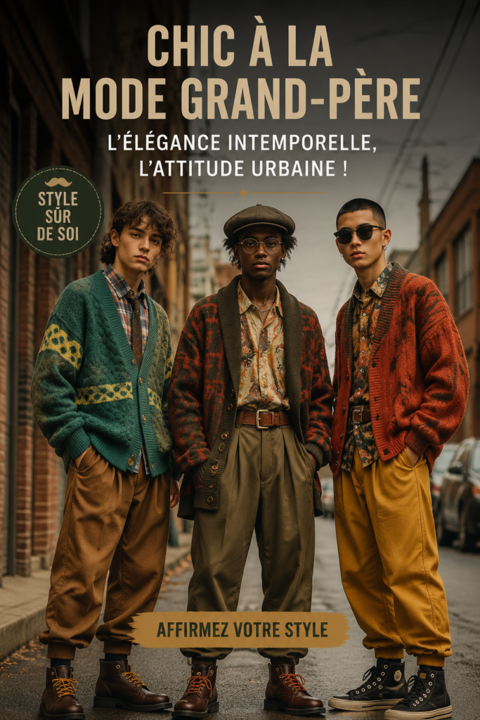 Femme portant un look grand-père moderne, mélange de chic et vintage