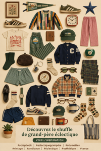 Une maman en tenue vintage inspirée du style grand-père dans un décor chaleureux.