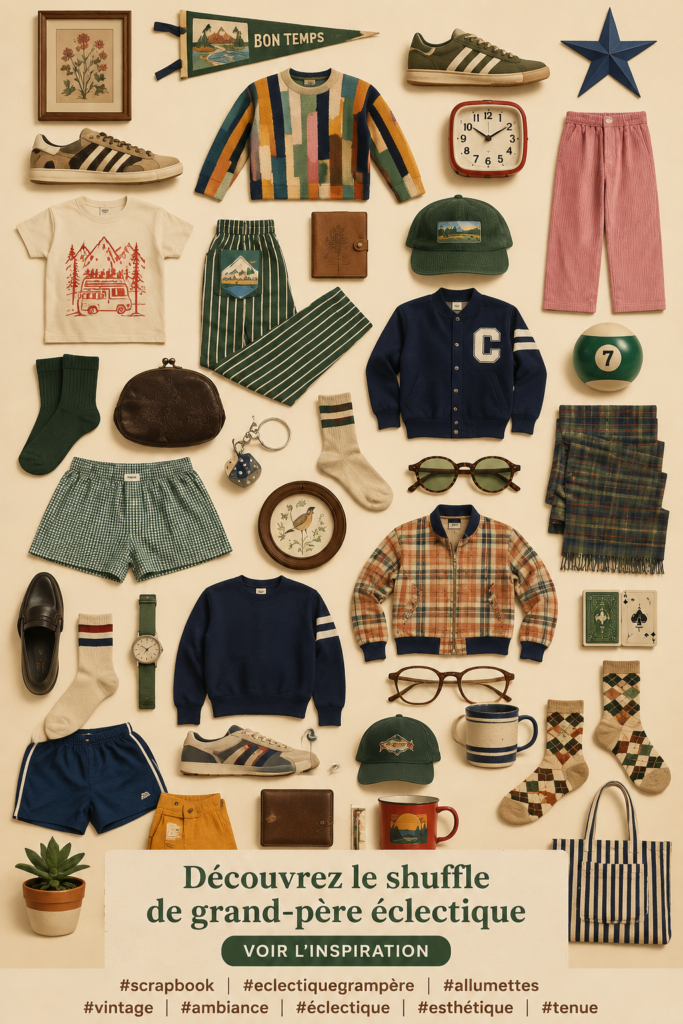 Une maman en tenue vintage inspirée du style grand-père dans un décor chaleureux.