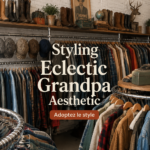 Un ensemble de vêtements vintage grandpa, incluant un pull large et un pantalon à carreaux.