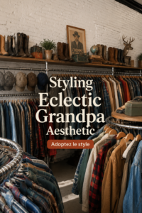 Un ensemble de vêtements vintage grandpa, incluant un pull large et un pantalon à carreaux.