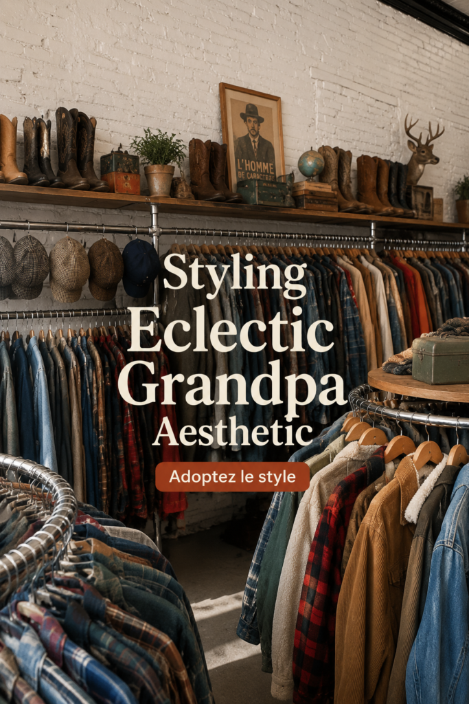Un ensemble de vêtements vintage grandpa, incluant un pull large et un pantalon à carreaux.