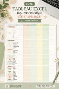 Tableau Excel pour le budget de mariage, montrant différentes catégories de dépenses.
