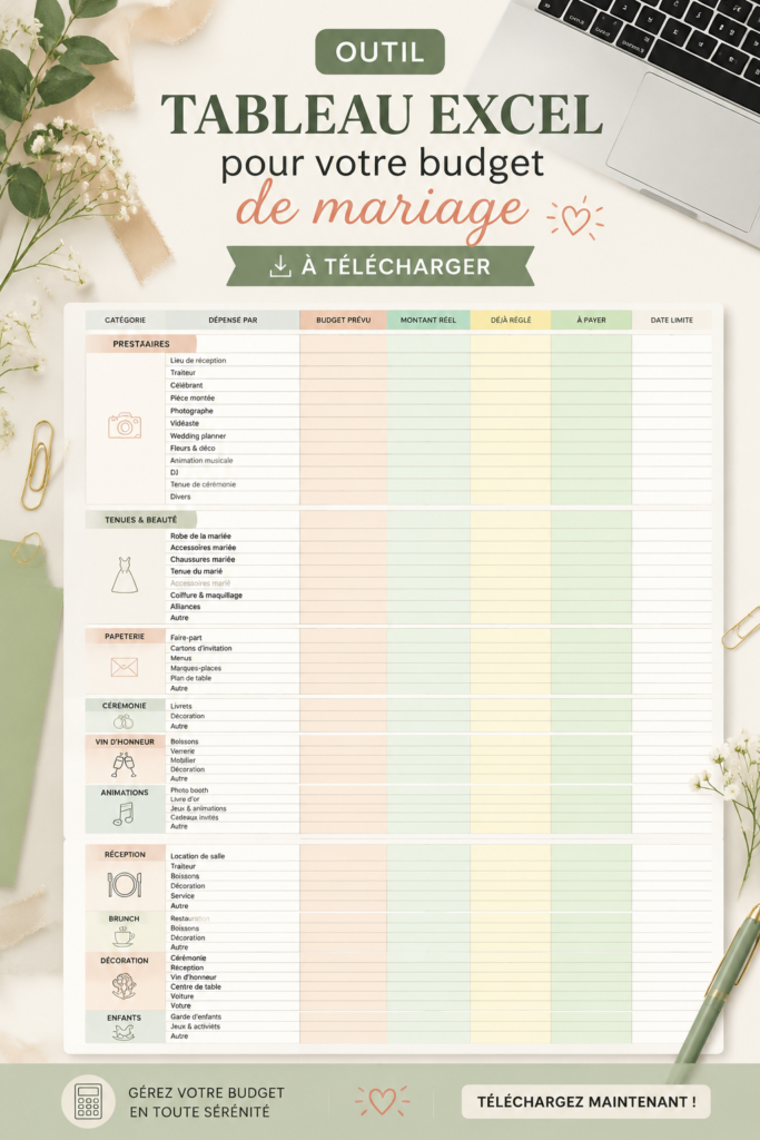 Tableau Excel pour le budget de mariage, montrant différentes catégories de dépenses.