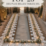 Table de mariage XXL élégamment décorée avec des fleurs et des bougies, créant une ambiance chaleureuse.