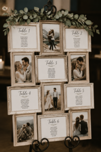 Un modèle de plan de table de mariage élégant en calligraphie sur une table décorée