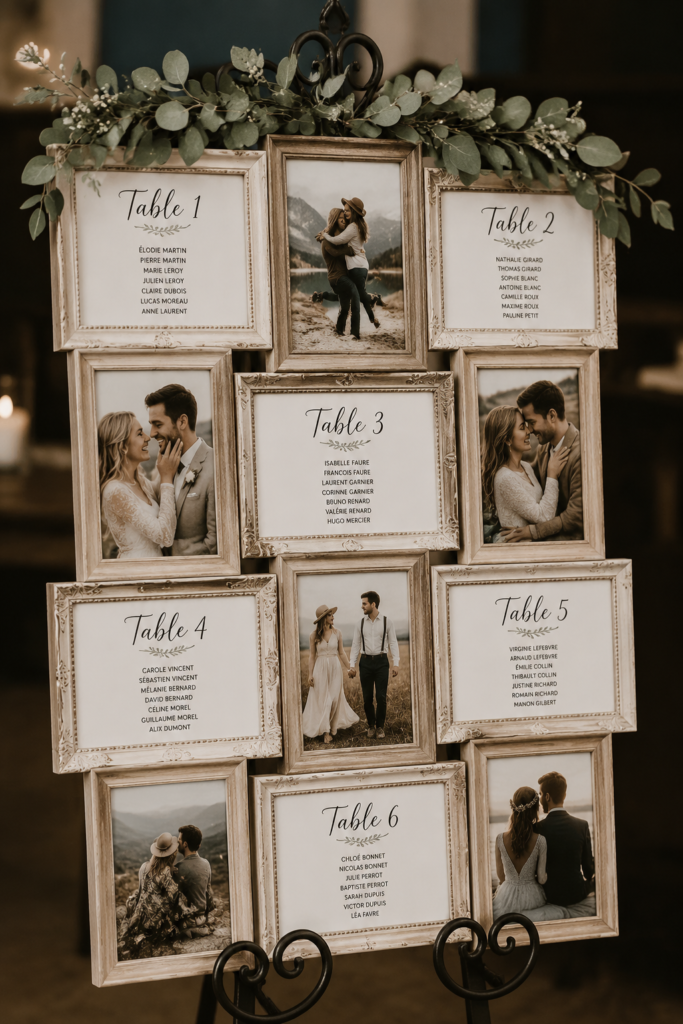 Un modèle de plan de table de mariage élégant en calligraphie sur une table décorée