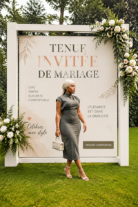 Une femme souriante portant une élégante tenue d'invitée pour mariage.