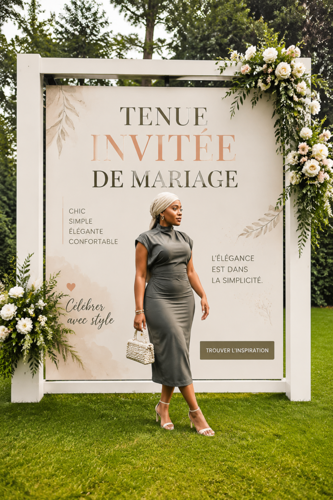 Une femme souriante portant une élégante tenue d'invitée pour mariage.