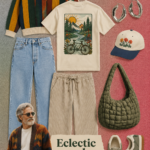 Un ensemble de vêtements vintage éclectiques sur une mannequin