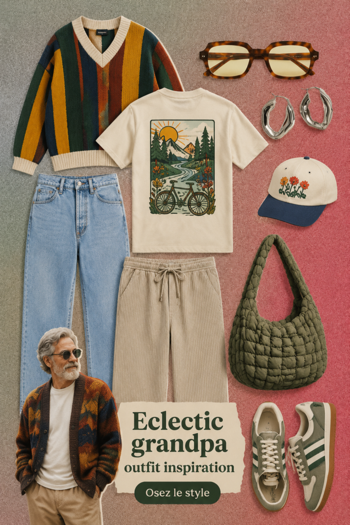 Un ensemble de vêtements vintage éclectiques sur une mannequin