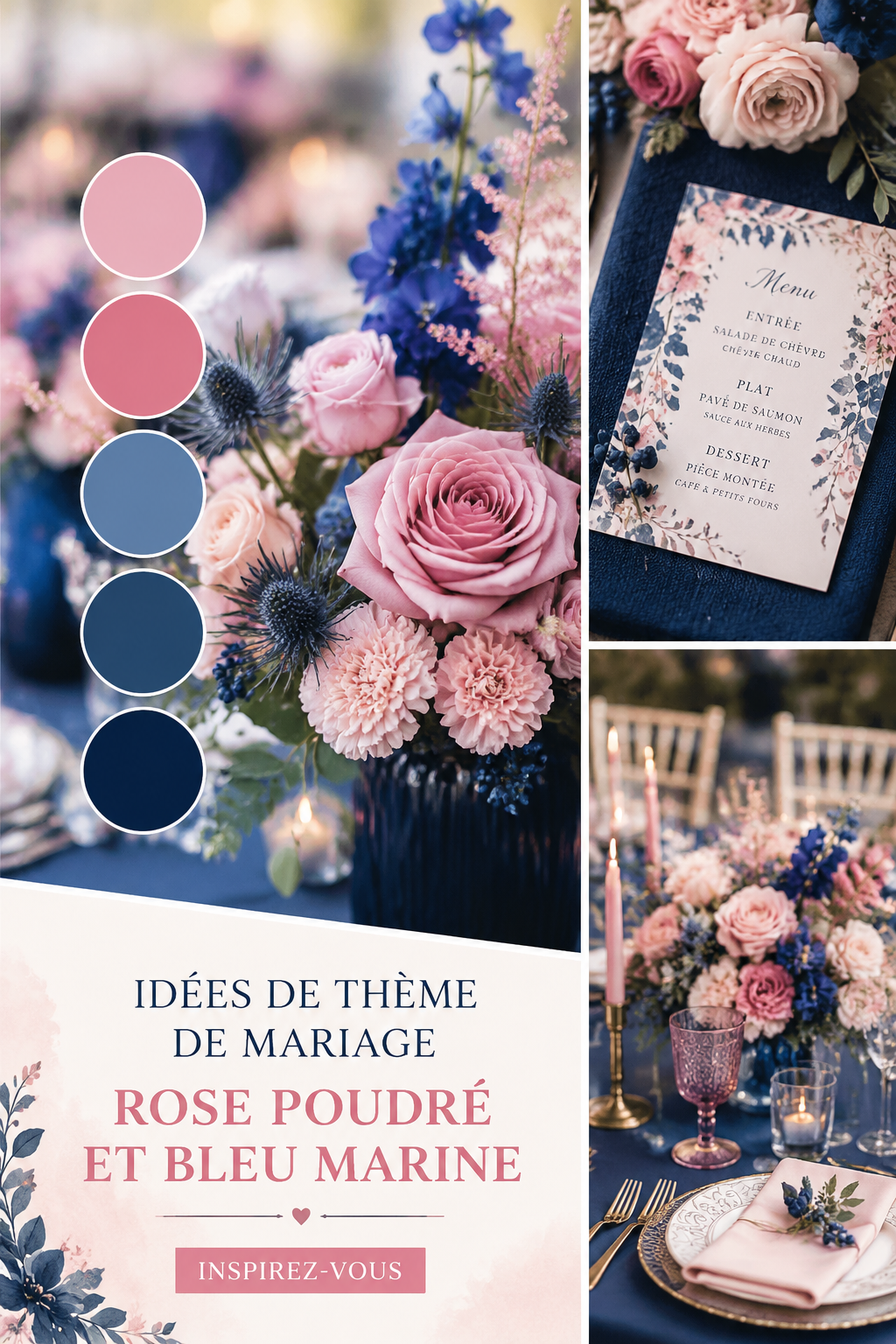 Palette de couleurs rose poussiéreux et bleu marine pour un mariage élégant.
