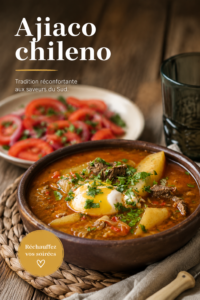 Bol d'ajiaco chileno garni de persil et de maïs, plat réconfortant chilien.