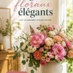 Arrangement floral élégant avec des fleurs diverses dans un vase stylé, idéal pour une décoration chic.