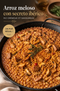 Un plat d'arroz meloso savoureux avec des morceaux de secret ibérique