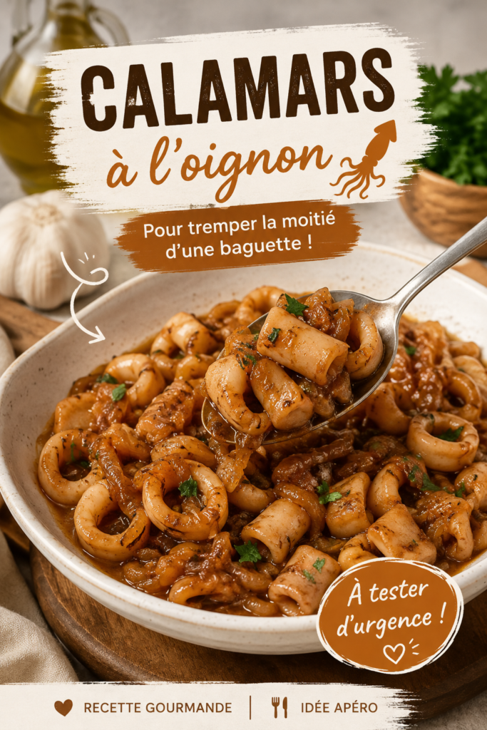 Des calamars cuisinés avec des oignons, servis dans une assiette, évoquant une recette de famille