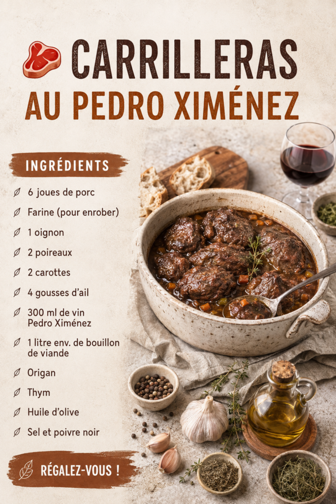 Recette de carrilleras au Pedro Ximénez, un plat espagnol savoureux.
