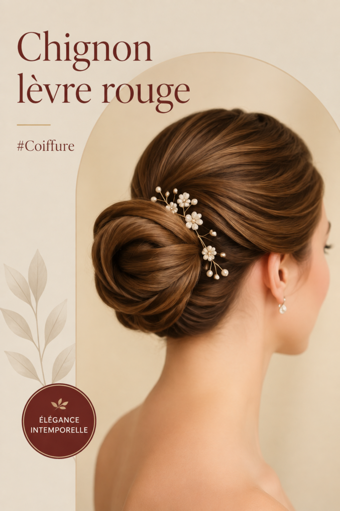Chignon vintage élégant avec rouge à lèvres rouge, une femme de 30-50 ans se regarde dans un miroir.