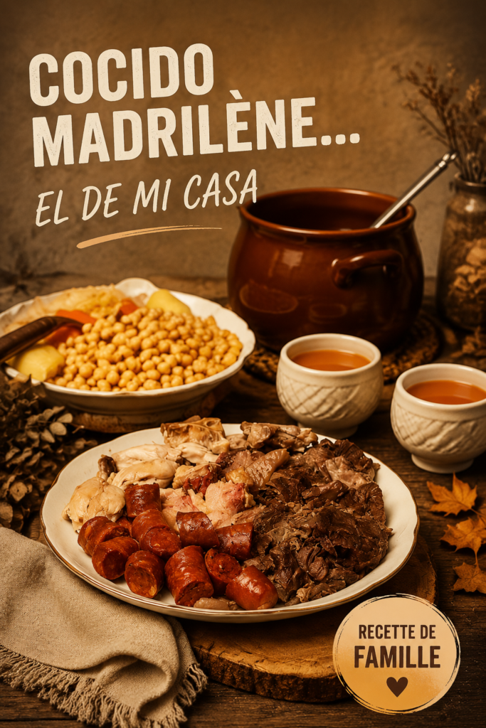 Plat de cocido madrilène servi dans un grand bol, garnie de légumes et de viandes.