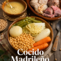 Un plat de cocido madrilène traditionnel présenté sur une table familiale.