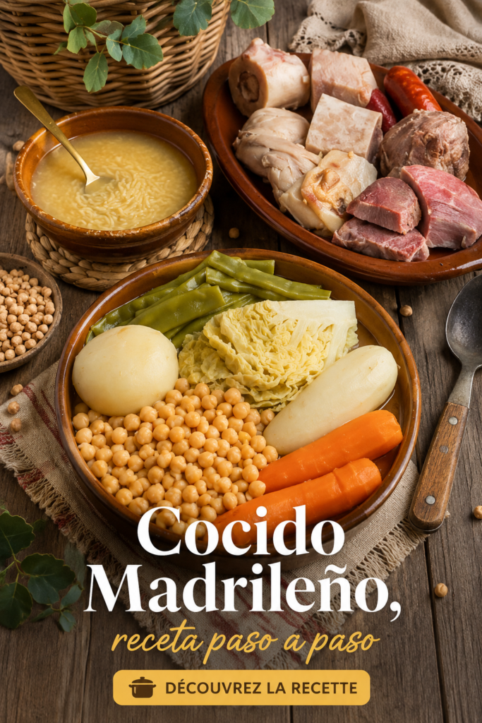 Un plat de cocido madrilène traditionnel présenté sur une table familiale.