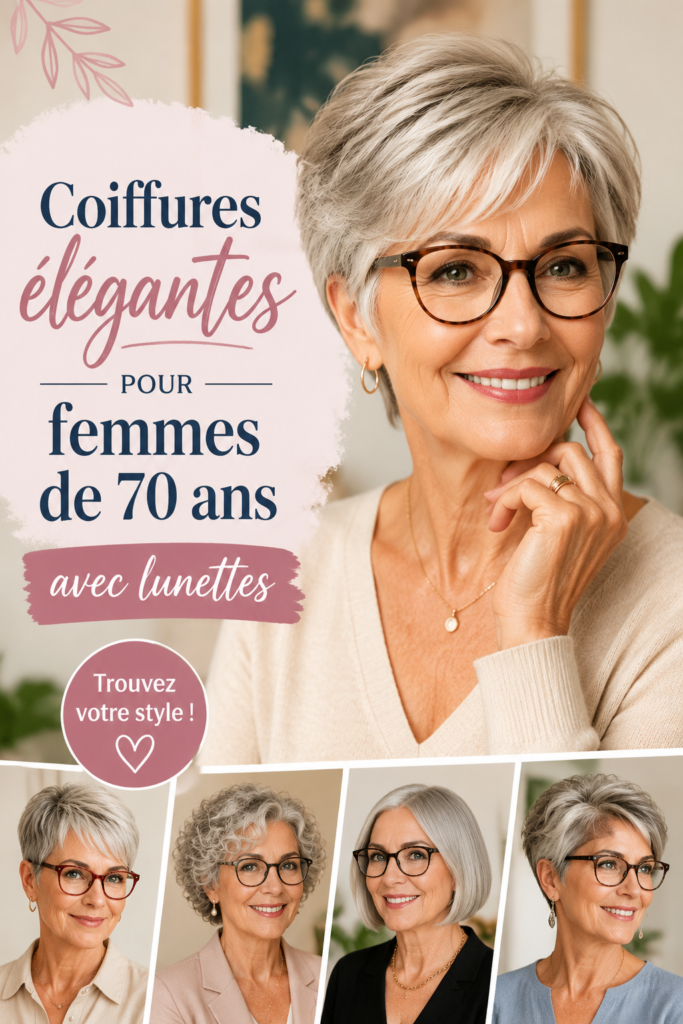 Coiffure élégante pour femme de 70 ans portant des lunettes, mettant en valeur son style.