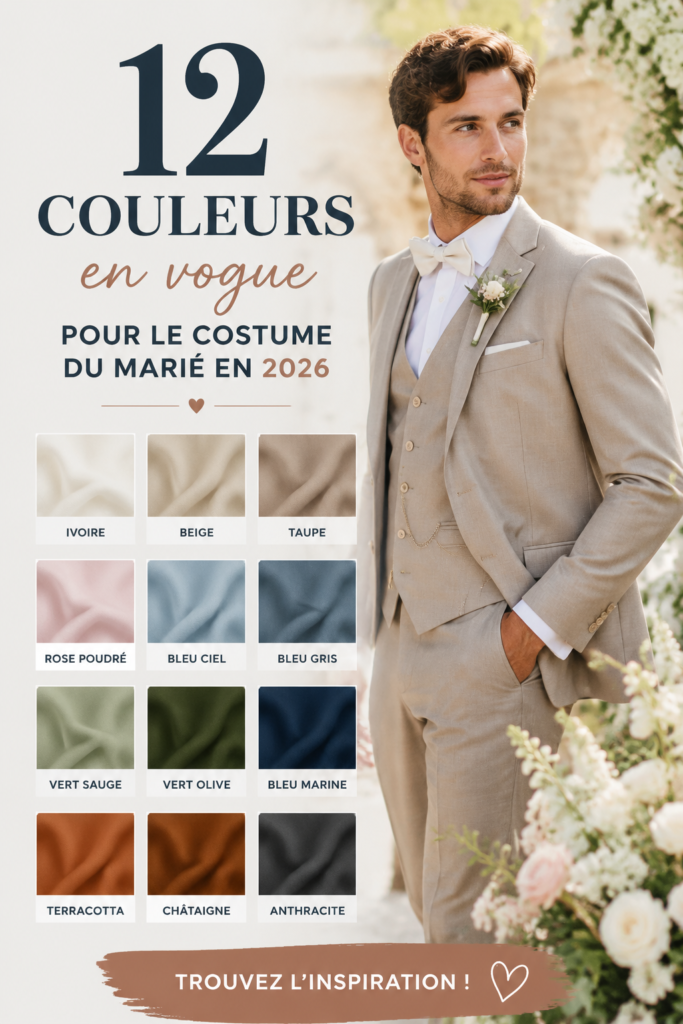 Costume du marié en couleur tendance pour un mariage en 2026
